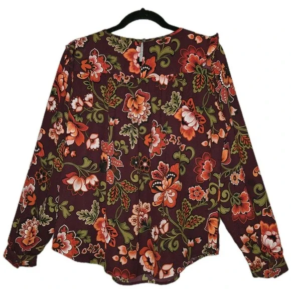 LOFT Floral Print Ruffle Blouse Womens Small Top Long Sleeve Round Neck Boho - Picture 10 of 10